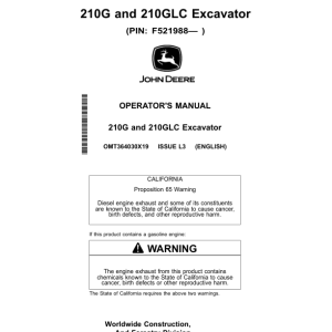 John Deere 210G, 210GLC Excavators Operator's Manuals (OMT364030X19) - Image 1