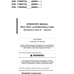 John Deere RS72, RX72, RX84 Worksite Pro Attachments Operator's Manuals (OMT365562X19) - Image 1
