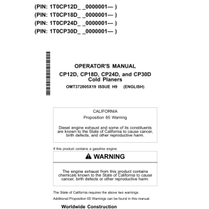 John Deere CP12D, CP18D, CP24D, CP30D Worksite Pro Attachments Operator's Manuals (OMT372805X19) - Image 1