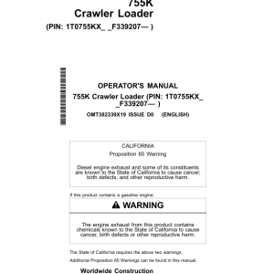 John Deere 755K Crawler Loaders Operator's Manuals (OMT382339X19) - Image 1