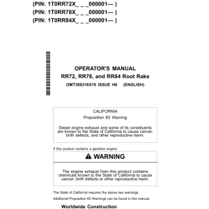 John Deere RR72, RR78, RR84 Root Rake Operator's Manuals (OMT386316X19) - Image 1
