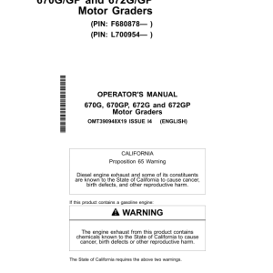 John Deere 670G, 670GP, 672G, 672GP Motor Graders Operator's Manuals (OMT390948X19) - Image 1
