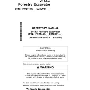 John Deere 2144G Forestry Excavator Operator's Manuals (OMT394112X19) - Image 1