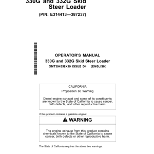 John Deere 330G, 332G Skid Steers Operator's Manuals (OMT394558X19) - Image 1