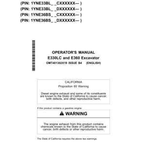 John Deere E330LC, E360 Excavators Operator's Manuals (OMT401302X19) - Image 1