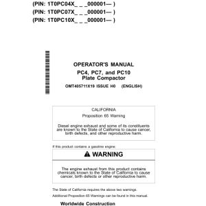 John Deere PC4, PC7, PC10 Attachments Operator's Manuals (OMT405711X19) - Image 1