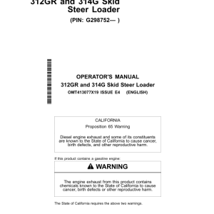 John Deere 312GR, 314G Skid Steers Operator's Manuals (OMT413077X19) - Image 1