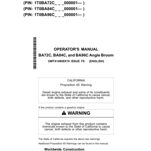 John Deere BA72C, BA84C, BA96C Worksite Pro Attachments Operator's Manuals (OMT414908X19) - Image 1