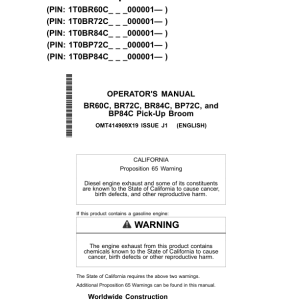 John Deere BR60C, BR72C, BR84C, BP72C, BP84C Worksite Pro Attachments Operator's Manuals (OMT414909X19) - Image 1