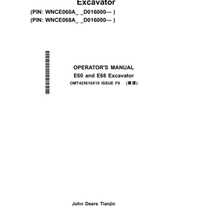 John Deere E60, E68 Excavators Operator's Manuals (OMT425610X19) - Image 1