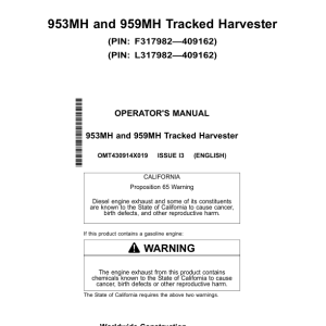 John Deere 953MH, 959MH Tracked Harvesters Operator's Manuals (OMT430914X019) - Image 1