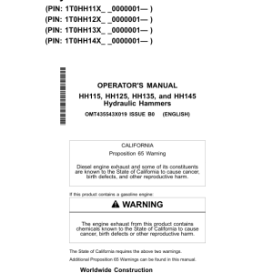 John Deere HH115, HH125, HH135, HH145 Hydraulic Hammers Operator's Manuals (OMT435543X019) - Image 1