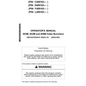 John Deere 803M, 853M, 859M Tracked Feller Bunchers Operator's Manuals (OMT444762X019) - Image 1