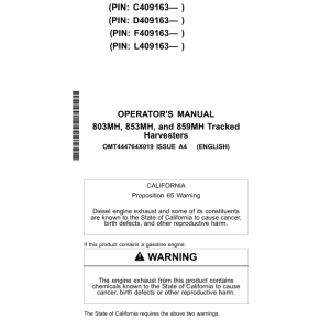 John Deere 803MH, 853MH, 859MH Tracked Harvesters Operator's Manuals (OMT444764X019) - Image 1