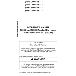 John Deere 953MH, 959MH Tracked Harvesters Operator's Manuals (OMT444765X019) - Image 1