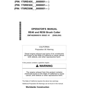 John Deere RE40, RE50 Attachments Operator's Manuals (OMT462896X019) - Image 1