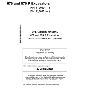 John Deere 670 P, 870 P Excavators Operator's Manuals (OMT476125X019) - Image 1