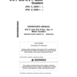 John Deere 670 P, 672 P Motor Graders Operator's Manuals (OMT494131X019) - Image 1