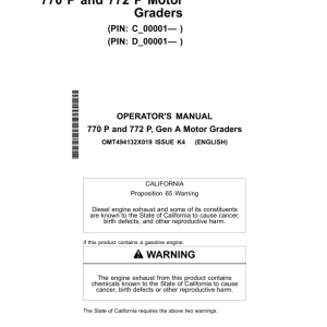 John Deere 770 P, 772 P Motor Graders Operator's Manuals (OMT494132X019) - Image 1