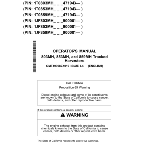 John Deere 803MH, 853MH, 859MH Tracked Harvesters Operator's Manuals (OMT499987X019) - Image 1
