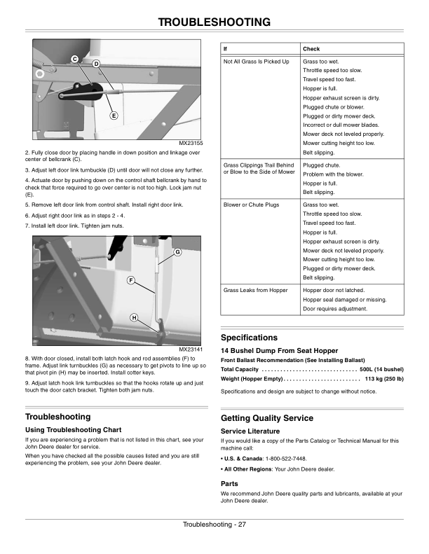 John Deere 14-Bushel Dump From Seat blower, Rear Hopper Operator's Manual (OMTCU33005)