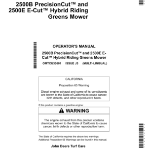 John Deere 2500B PrecisionCut, 2500E E-Cut Hybrid Riding Greens Mower(080001-)(North American) Operator's Manual (OMTCU33601) - Image 1