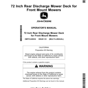 John Deere 72 Inch Rear Discharge Mower Deck for Front Mount Mowers (260001-) (North American) Operator's Manual (OMTCU40032) - Image 1