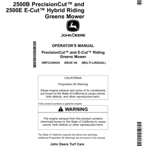 John Deere 2500B PrecisionCut, 2500E E-Cut Hybrid Riding Greens Mower (North American) Operator's Manual (OMTCU40434) - Image 1