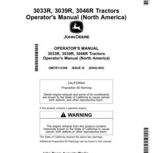 John Deere 3033R, 3039R, 3046R Tractors, Open Station (KL100001-), Cab (KL400001-) Operator's Manual (OMTR112398) - Image 1