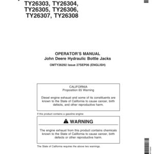 John Deere Hydraulic Bottle Jacks - TY26303, TY26304, TY26305, TY26306, TY26307, TY26308 Operator's Manual (OMTY26292) - Image 1