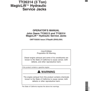 John Deere MagicLift Hydraulic Service Jacks - TY26313, TY26314 Operator's Manual (OMTY26293) - Image 1