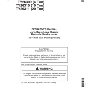 John Deere John Deere Long Chassis Hydraulic Service Jacks - TY26309, TY26310, TY26311 Operator's Manual (OMTY26295) - Image 1