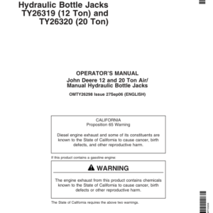 John Deere John Deere Air/Manual Hydraulic Bottle Jacks - TY26319, TY26320 Operator's Manual (OMTY26298) - Image 1