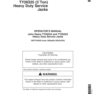 John Deere John Deere Heavy Duty Service Jacks - TY26324, TY26325 Operator's Manual (OMTY26300) - Image 1