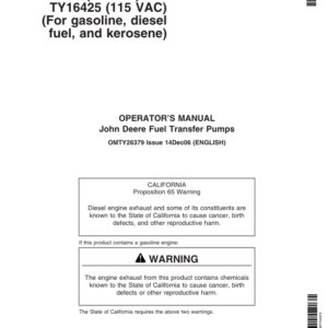 John Deere JD Fuel Transfer Pumps TY16424(12VDC), TY16425(115VAC) Operator's Manual (OMTY26379) - Image 1