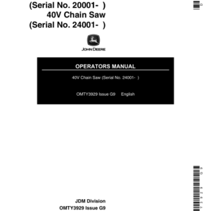 John Deere 28, 30 Chain Saw (020001-) 40V Chain Saws (024001-) (Subs with OMM95226) Operator's Manual (OMTY3929) - Image 1