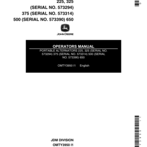 John Deere 225, 325, 375, 500, & 650 Portable Alternators Operator's Manual (OMTY3950) - Image 1