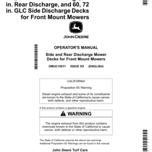 John Deere 60 & 72 Inch Side Discharge, 62 Inch Rear Discharge &60 & 72 Inch GLC Side Discharge Decksfor X1400 & X1500 Front-Mount MowersExport Edition (030001- ) Operator's Manual (OMUC10017) - Image 1