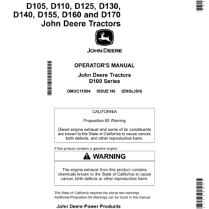 John Deere D105, D110, D125, D130, D140, D155, D160 & D170 Tractors (North American) Operator's Manual (OMUC11804) - Image 1