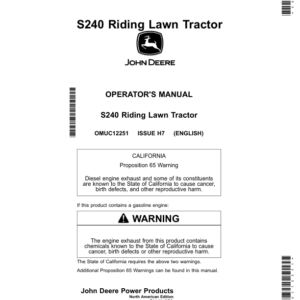 John Deere S240 Riding Lawn Tractor (825001-850000) Operator's Manual (OMUC12251) - Image 1