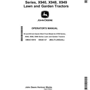 John Deere 54, 60 Inch Quick Hitch Front Blade for X700 Series, X940, X948, X949 Lawn, Garden Tractors (Export Edition) Operator's Manual (OMUC14910) - Image 1