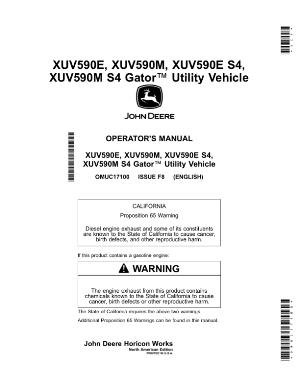 John Deere XUV590E, XUV590M & XUV590E S4, XUV590M S4 Gator Utility Vehicles Operator’s Manual (OMUC17100)