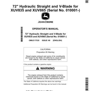 John Deere 72ʺ Hydraulic Straight, 72ʺ V-Blade for XUV835, XUV865 Operator's Manual (OMUC17535) - Image 1