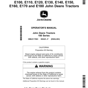 John Deere E100, E110, E120, E130, E140, E150, E160, E170 & E180 Tractors Operator's Manual (OMUC17903) - Image 1