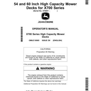 John Deere 54 & 60 Inch High Capacity Mower Decks forX700 Series Operator's Manual (OMUC18985) - Image 1