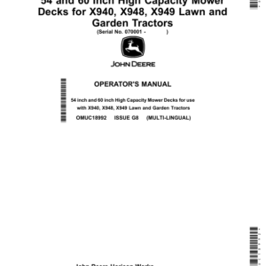 John Deere 54, 60 Inch High Capacity Mower Decks forX940, X948, X949 Lawn, Garden Tractors (Export Edition) Operator's Manual (OMUC18992) - Image 1