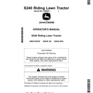 John Deere S240 Riding Lawn Tractors (850001-880000) Operator's Manual (OMUC20530) - Image 1