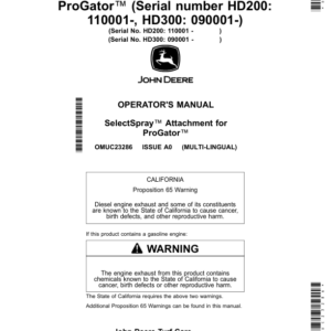 John Deere HD200, HD300 SelectSpray Attachment for ProGator (HD200 110001-, HD300 090001-) (North American) Operator's Manual (OMUC23286) - Image 1