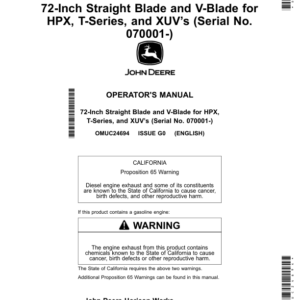 John Deere 72-Inch Straight Blade, V-Blade for HPX, T-Series, XUV’s (070001-) Operator's Manual (OMUC24694) - Image 1