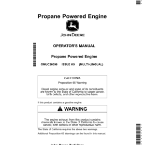 John Deere Propane Powered Engine (IMPORTANT: Units equipped with EFI engines, a 48 inch deck, or a Dump from Seat MCS are not compatible with this attachment) Operator's Manual (OMUC26096) - Image 1